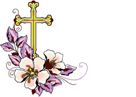 Decorative cross with lilies clipart for church worship bulletins or newsletter.