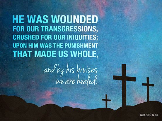 Easter Religious photo of Calvary and three cross with scripture caption