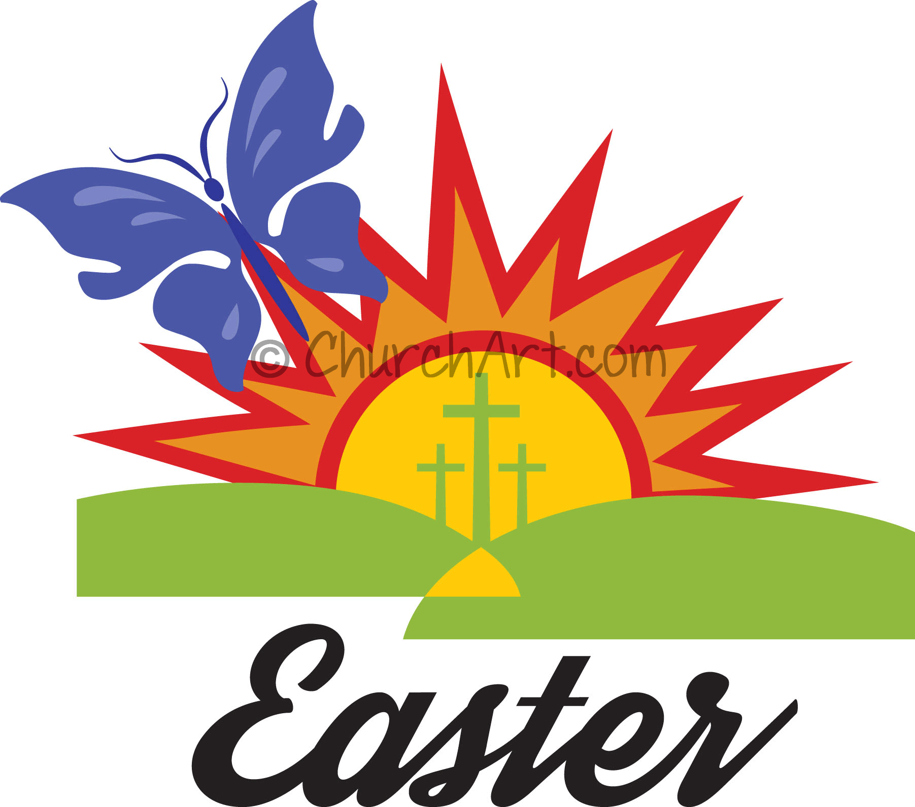 Easter clipart with sunrise, three crosses and butterfly for Easter service, Easter church bulletin or Easter church newsletter