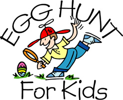 Easter egg clip-art with boy and magnifying glass with Egg Hunt for kids caption.