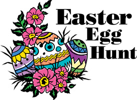 Easter egg clip-art with decorated eggs hidden in flowers and Easter Egg Hunt caption