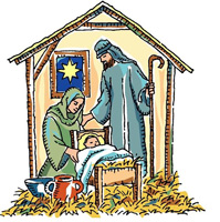 Nativity Scene with Mary, Joseph and Baby Jesus in the manor clipart