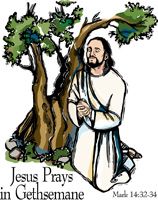 Jesus prays in Gethsemane clipart from the Bible Story in Mark 14:32-34