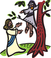 Jesus tell Zacchaeus to come down from the tree in this clipart image