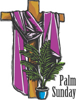 Brown Cross Draped in Purple Cloth. Palm Plan in Blue Planter in Front of the Cross. Captioned with Palm Sunday