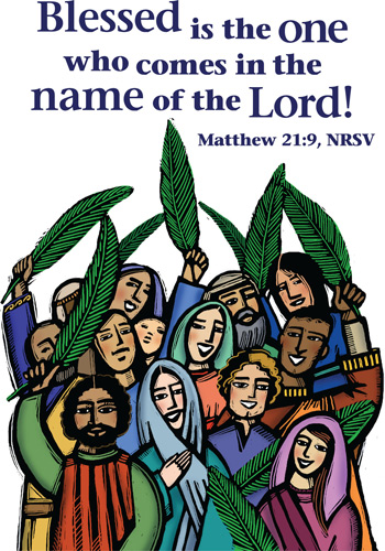 Multi Ethnic Group of People Waving Palm Branches. Captioned with Matthew 21:9