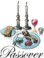 Passover Clip-Art image of a seder meal with candles, food, wine and bread and Passover caption