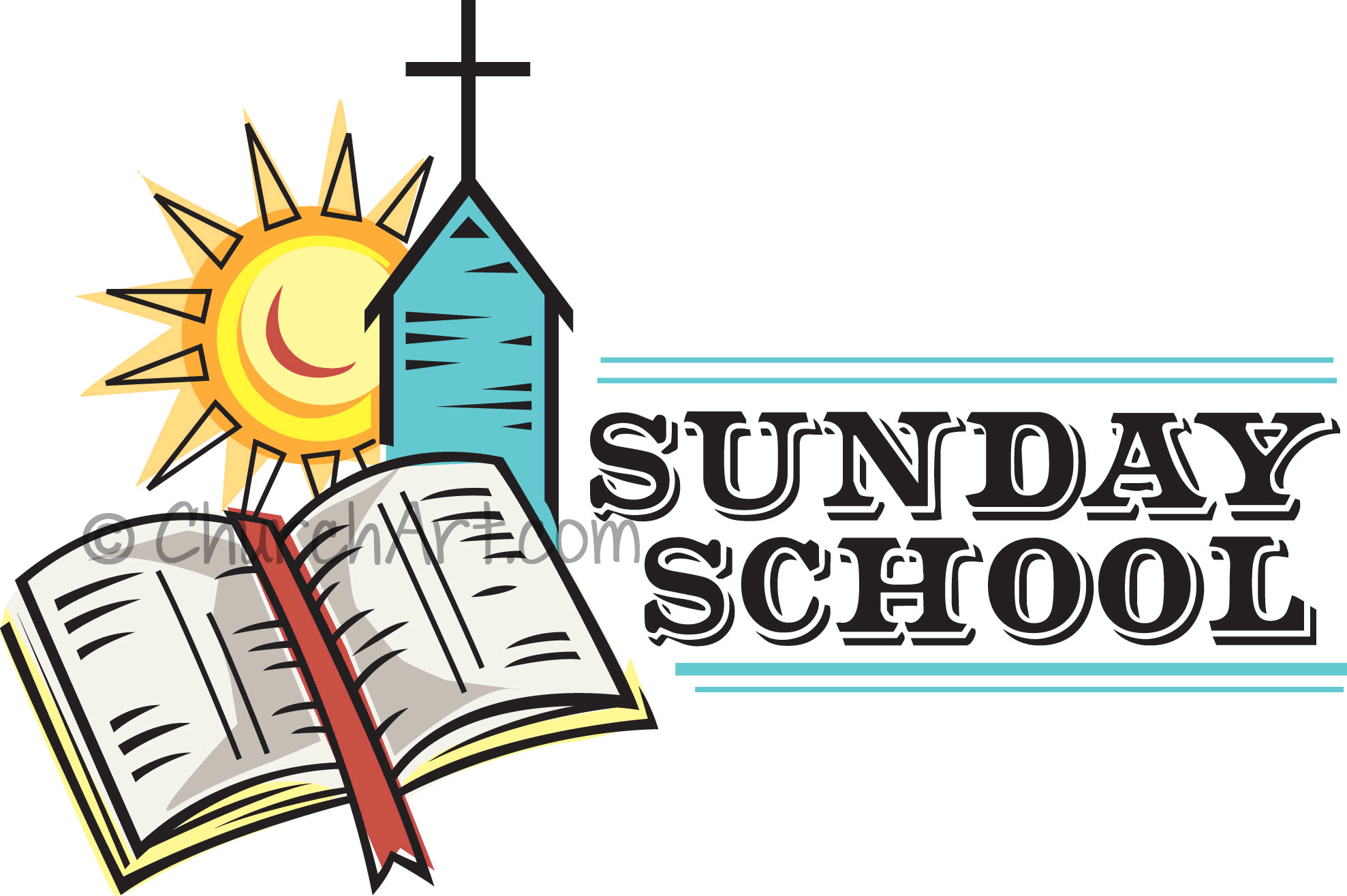 Clip-art image for church Sunday school featuring bible with bookmark, church with cross steeple and sun