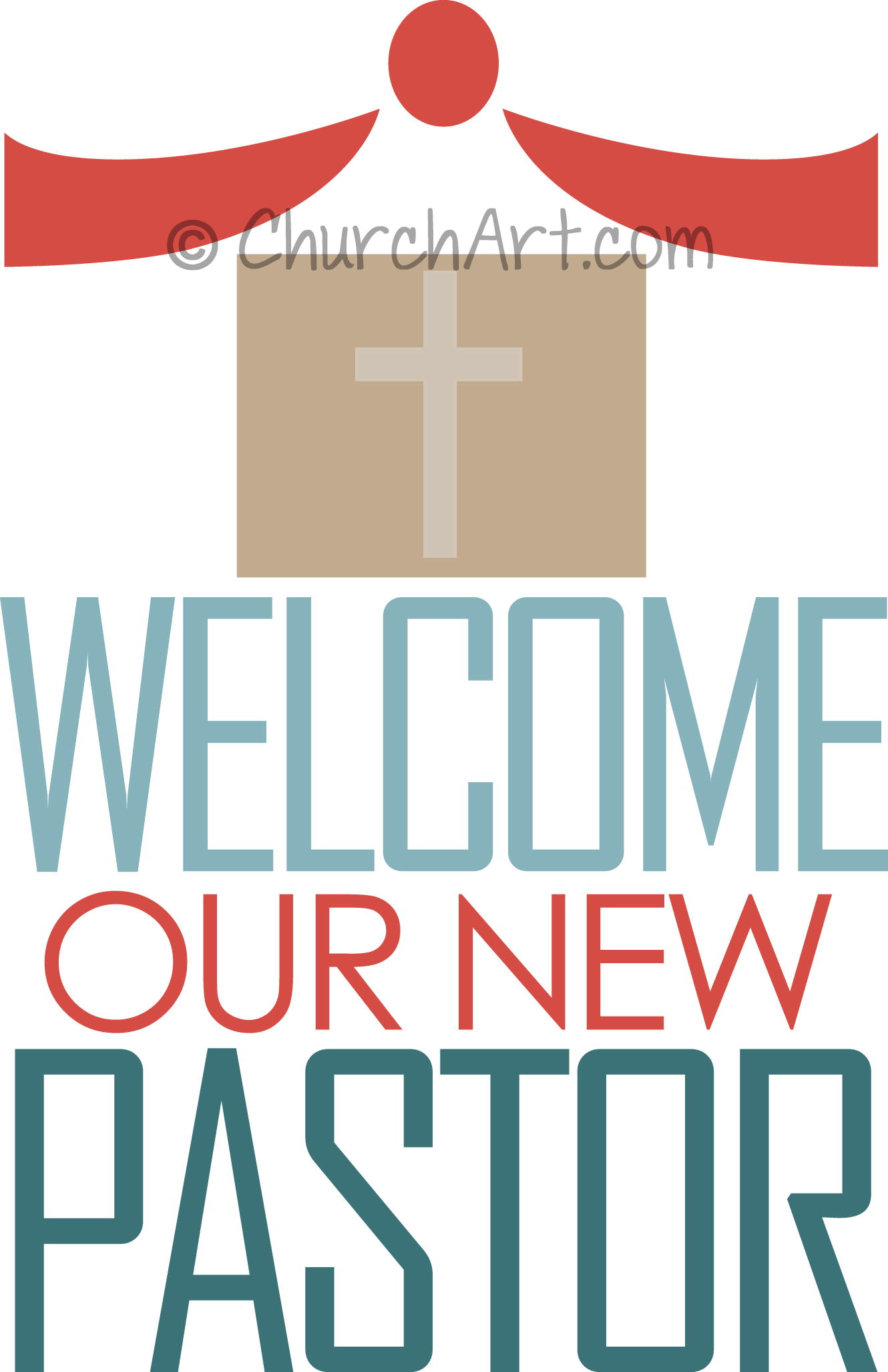 Clipart image with cross and pew to welcome a new pastor for church