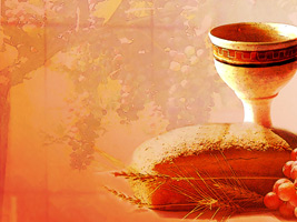 Communion cup, bread, wheat and grapes as background photo