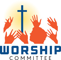 Blue Elongated Cross on Yellow Background. Orange Worshipping Hands in Foreground.