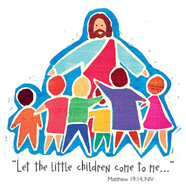 Color Clip art image showing Jesus surrounded by the little children